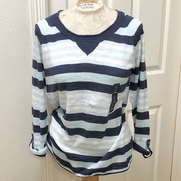 Gap Women’s Blue/White Striped Sweater with Roll-Tab Sleeves/Rolled Raw Edges- L - Picture 4 of 16